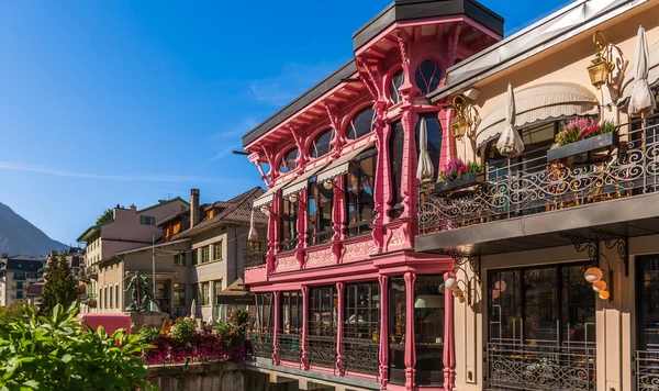 Chamonix Mont Blanc 'taki restoran cepheleri, Haute Savoie, Fransa