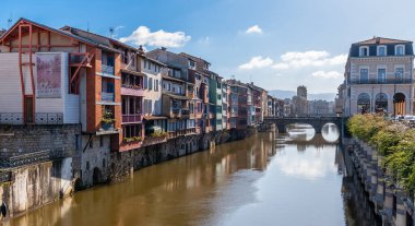 Fransa 'nın Occitanie kentindeki Agout Nehri üzerindeki Castres kasabasındaki evlerin cepheleri.