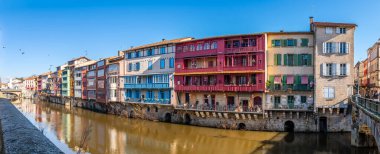 Fransa 'nın Occitanie kentindeki Agout Nehri üzerindeki Castres kasabasındaki evlerin cepheleri.