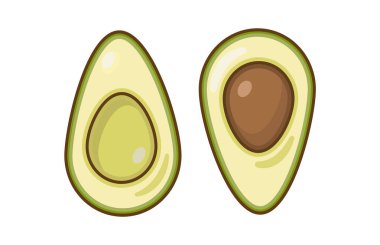İki avokado seti. Avokado ve avokadonun yarısı tohumsuz..