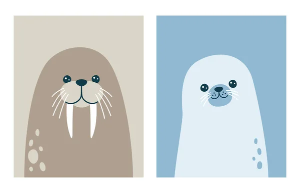可爱的海象和海豹肖像的矢量图解 — 图库矢量图片