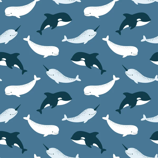 Modello Senza Cuciture Vettoriale Con Simpatica Balena Assassina Beluga Narvalo — Vettoriale Stock