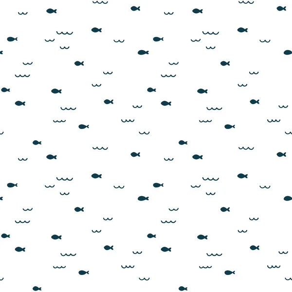 Векторний Безшовний Візерунок Намальованими Руками Хвилями Рибою Абстрактний Фон — стоковий вектор