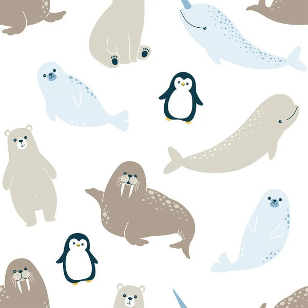 Vector Seamless Pattern Cute Winter Arctic Animals Polar Bear Penguin — Stock Vector