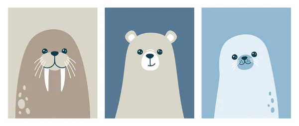 Ilustração Vetorial Retratos Bonitos Urso Polar Morsa Selo — Vetor de Stock