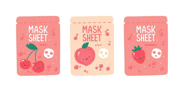 Niedliche Vektor Gesichtsmaske Verpackungsdesign Mit Kirsche Pfirsich Erdbeere — Stockvektor