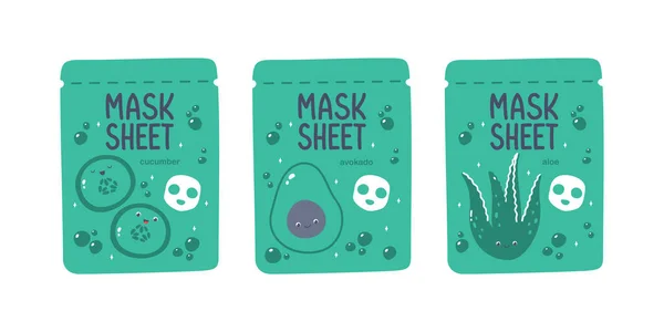 Cute Vector Face Mask Sheet Packaging Design Cucumber Avocado Aloe — Stock Vector