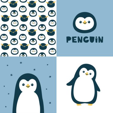 Penguenli şirin vektör koleksiyonu. Kusursuz desen ve hayvan çizimi