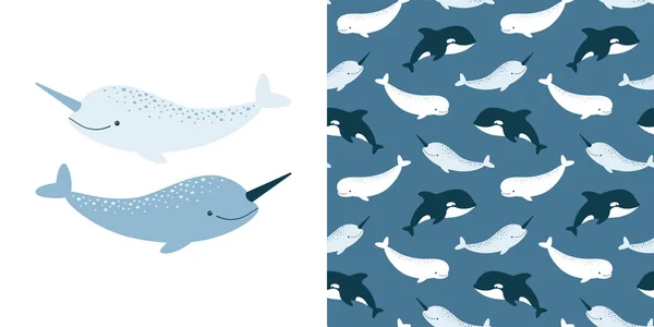Cute Vector Collection Narwhal Seamless Pattern Animal Illustration — Stock Vector