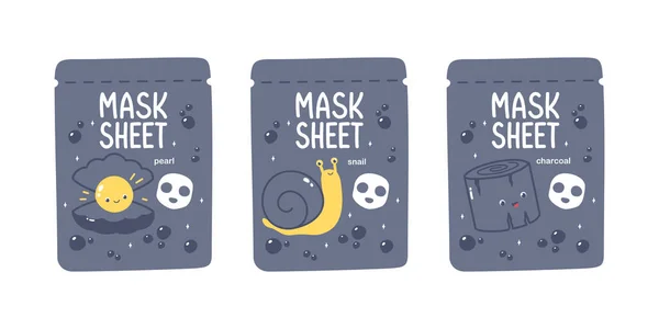 Χαριτωμένο Διάνυσμα Πρόσωπο Μάσκα Φύλλο Συσκευασίας Μαργαριτάρι Σαλιγκάρι Κάρβουνο — Διανυσματικό Αρχείο