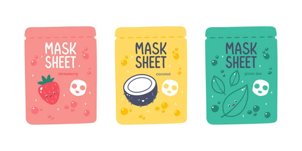 Cute Vector Face Mask Sheet Packaging Design Strawberry Coconut Green — Stock Vector