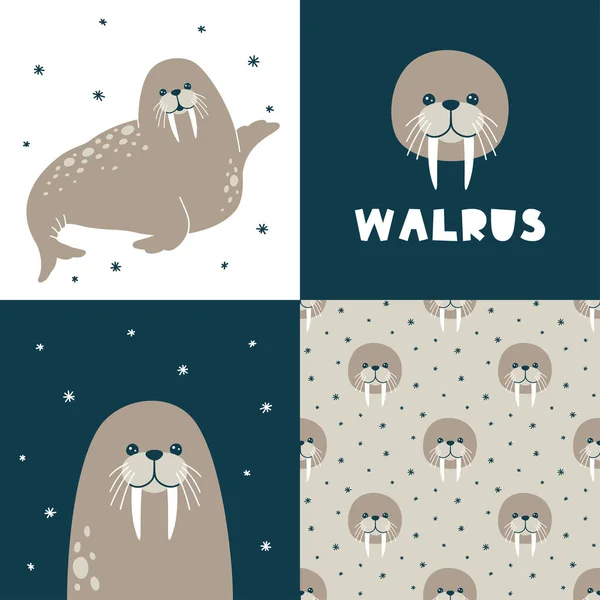 Koleksi Vektor Lucu Dengan Walrus Pola Mulus Dan Ilustrasi Hewan - Stok Vektor
