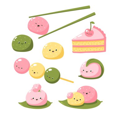 Japon tatlıları ve tatlıları vektör elementleri ayarlandı. Mochi, dango, kek