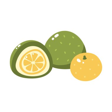 Mochi with citrus filling. Mandarin and orange. Vector illustration of Japanese sweets and desserts. Kawaii print