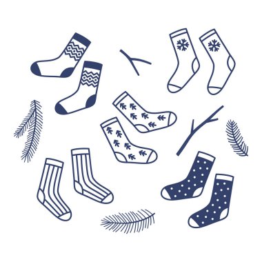 Socks and fir branches. Vector set of hand drawn winter doodle elements. Print isolated on white background