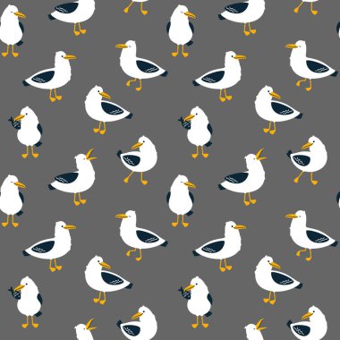Seamless pattern with characters of cute seagulls on a gray background. Cartoon hand drawn vector illustration.