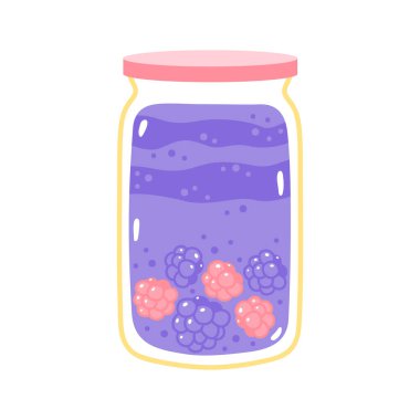 Blackberry raspberry jam in a glass jar. Cute cartoon print in pastel colors. Vector dessert isolated on white background
