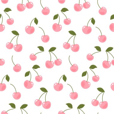 Cute vector seamless pattern with cherry and leaves on white background
