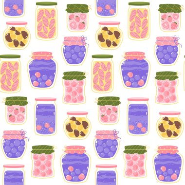 Cute vector seamless pattern with glass jars of berry jam, marmalade and jelly on a white background