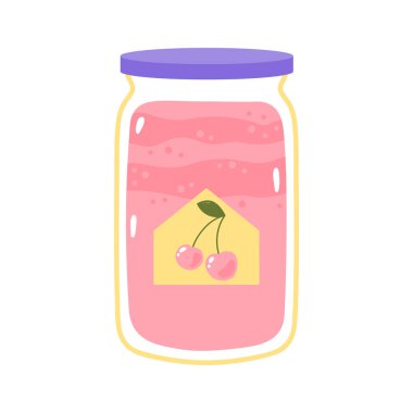Cherry jam in a glass jar. Cute cartoon print in pastel colors. Vector dessert isolated on white background