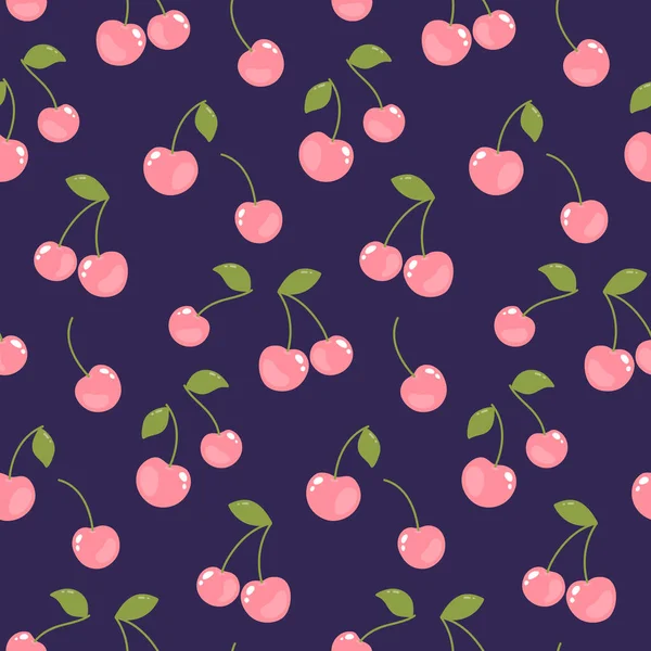 Cute Vector Seamless Pattern Cherry Leaves Dark Background — Wektor stockowy