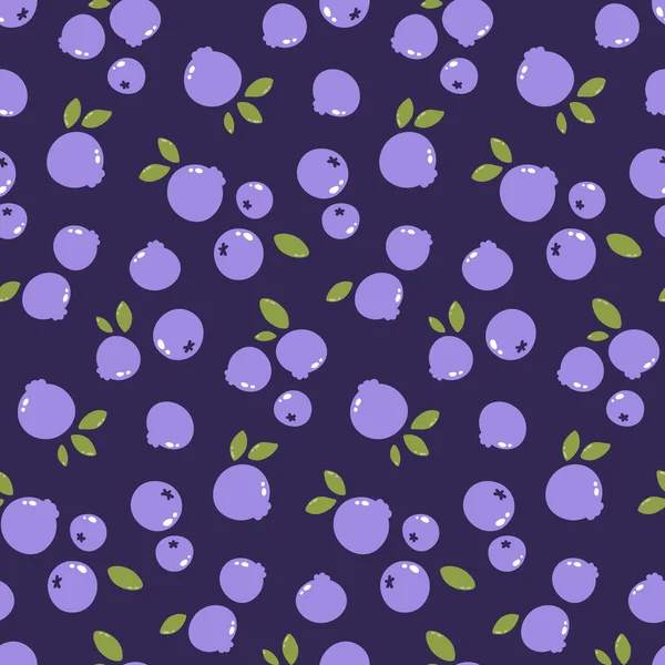 ブルーベリーと葉の暗い背景でかわいいベクトルシームレスパターン — ストックベクタ