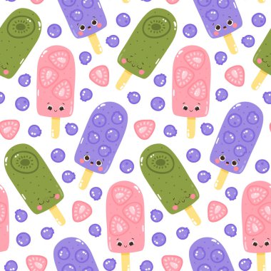 Beyaz arka planda meyveli dondurmalar olan vektörsüz desen. Soğuk tatlı. Yaz tatlılığı.