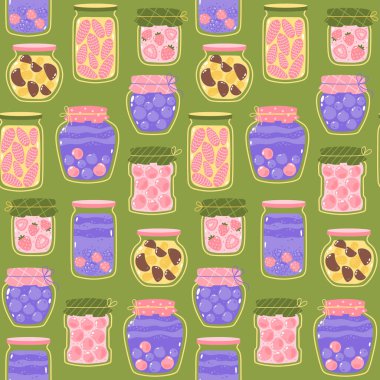 Yeşil zemin üzerinde cam kavanozlar dolusu böğürtlen reçeli, marmelat ve jöle olan şirin vektörsüz desen.