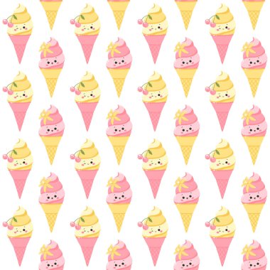 Beyaz arka planda meyveli dondurmalar olan vektörsüz desen. Soğuk tatlı. Yaz tatlılığı.
