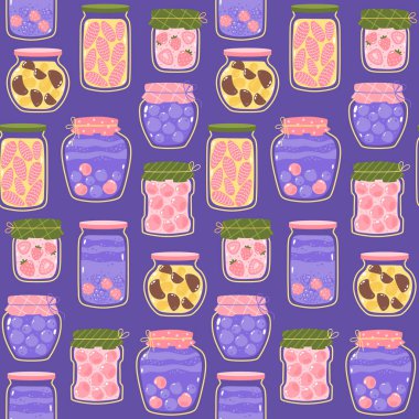 Cam kavanozlar dolusu böğürtlen reçeli, reçel ve leylak arkaplanda reçel olan şirin vektörsüz desen.