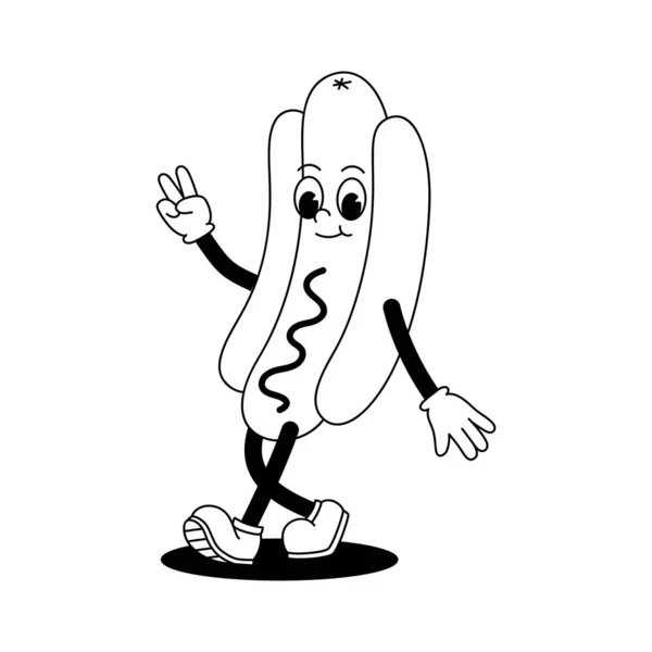 Vektorový Kreslený Retro Maskot Monochromatický Ilustrace Chodícího Hot Dogu Ročník — Stockový vektor