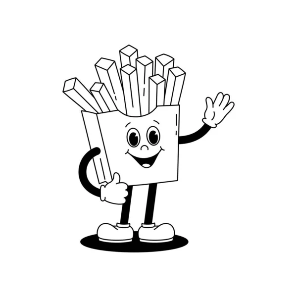 Vector Cartoon Retro Maskottchen Monochrome Illustration Von Pommes Frites Fuß — Stockvektor