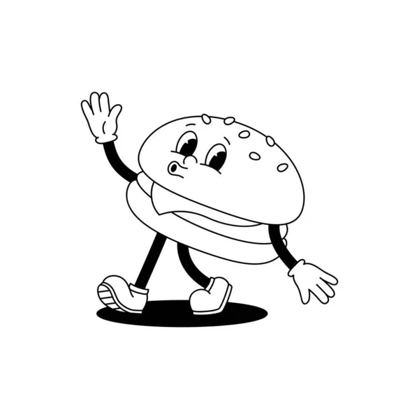 Vector Cartoon Retro Maskottchen Monochrome Illustration Eines Wandernden Hamburgers Animation — Stockvektor