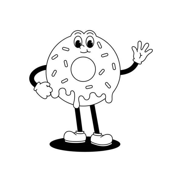Vector Cartoon Retro Maskottchen Monochrome Illustration Des Wandelnden Donuts Animation — Stockvektor