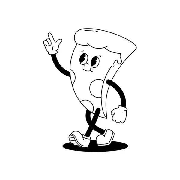矢量漫画复古吉祥物单色插图步行比萨 50年代的老式动画风格 山体被白色的背景隔开了 — 图库矢量图片