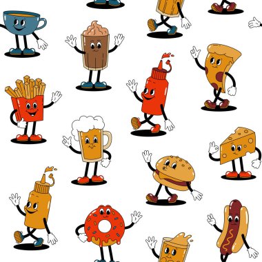 Çizgi film retro maskotları olan vektörsüz desen beyaz arka planda yürüyen sokak yemeklerinin renkli çizimleri. Eski tarz 30 'lar, 40' lar, 50 'ler animasyonu.