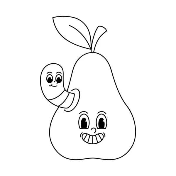 矢量漫画复古吉祥物单色的梨子与蠕虫 50年代的老式动画风格 山体被白色的背景隔开了 — 图库矢量图片