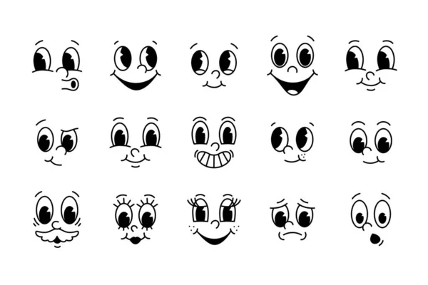 卡通复古吉祥物 标志和品牌的创造者的矢量脸设置 眼睛和嘴的要素 50年代的老式动画风格 山体被白色的背景隔开了 — 图库矢量图片