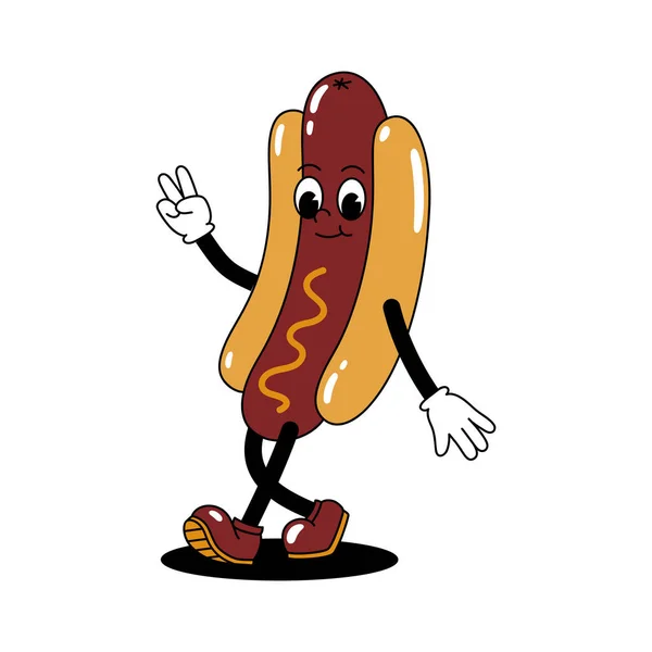 Vector Cartoon Retro Maskottchen Farbabbildung Eines Spazierenden Hot Dog Animation — Stockvektor