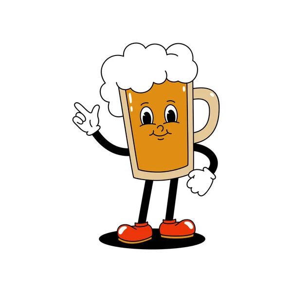 矢量漫画复古吉祥物的色彩说明了一杯流动的啤酒 50年代的老式动画风格 山体被白色的背景隔开了 — 图库矢量图片