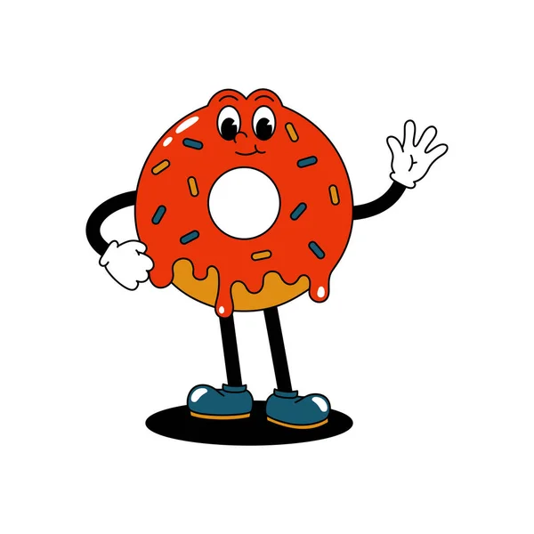 Vector Cartoon Retro Maskottchen Farbabbildung Fuß Donut Animation Vintage Stil — Stockvektor
