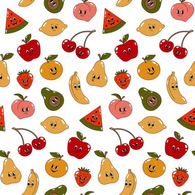 Çizgi film retro maskotlarıyla vektörsüz desen. Beyaz arka planda meyve ve böğürtlenlerin renkli çizimleri. Eski tarz 30 'lar, 40' lar, 50 'ler animasyonu.