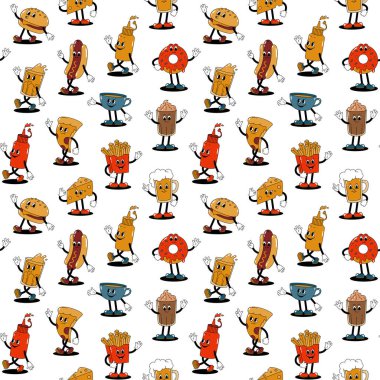 Çizgi film retro maskotları olan vektörsüz desen beyaz arka planda yürüyen sokak yemeklerinin renkli çizimleri. Eski tarz 30 'lar, 40' lar, 50 'ler animasyonu.