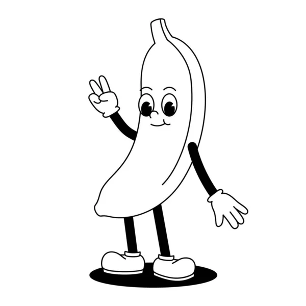矢量漫画复古吉祥物单色图画行走香蕉 50年代的老式动画风格 山体被白色的背景隔开了 — 图库矢量图片