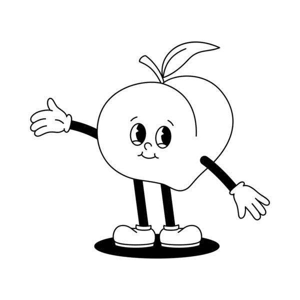 矢量漫画复古吉祥物单色图画的步行桃 50年代的老式动画风格 山体被白色的背景隔开了 — 图库矢量图片