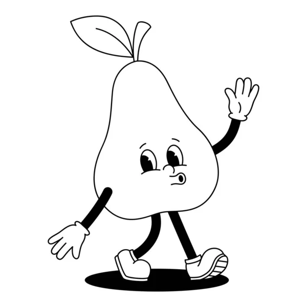 矢量卡通复古吉祥物单色图画行走梨树 50年代的老式动画风格 山体被白色的背景隔开了 — 图库矢量图片