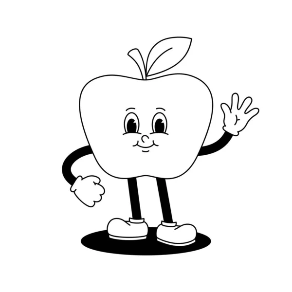 矢量漫画复古吉祥物单色插图步行苹果 50年代的老式动画风格 山体被白色的背景隔开了 — 图库矢量图片