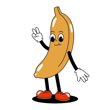 Vektör karikatür retro maskot renkli yürüyen muz çizimi. Eski tarz 30 'lu, 40' lı, 50 'li yılların animasyonları. Clipart beyaz bir arkaplanda izole edilir.