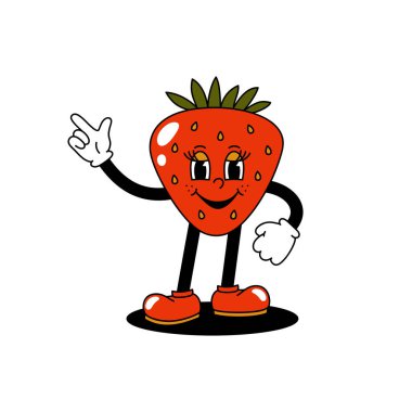 Yürüyen bir çileğin vektör retro maskot rengi çizimi. Eski tarz 30 'lu, 40' lı, 50 'li yılların animasyonları. Clipart beyaz bir arkaplanda izole edilir.