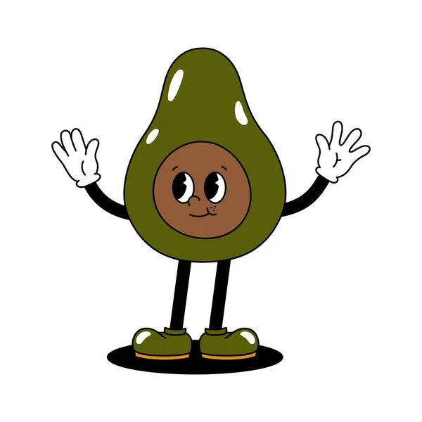Vector Cartoon Retro Mascot Color Illustration Walking Avocado Vintage Style — Stock Vector